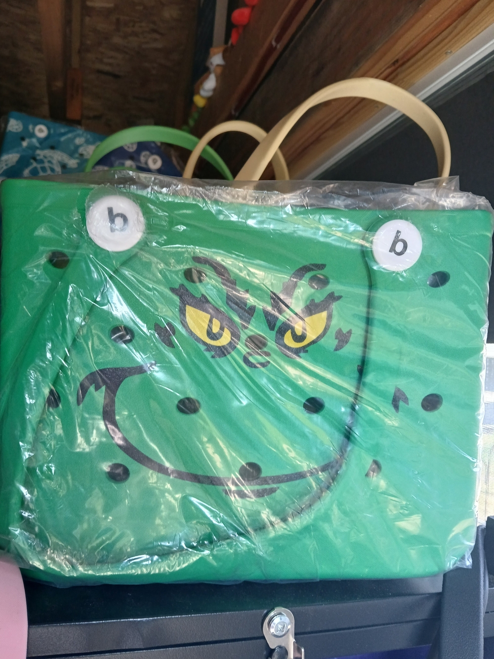 Green Grinch Tote Bag with Yellow Eyes Small size - bogg like bag